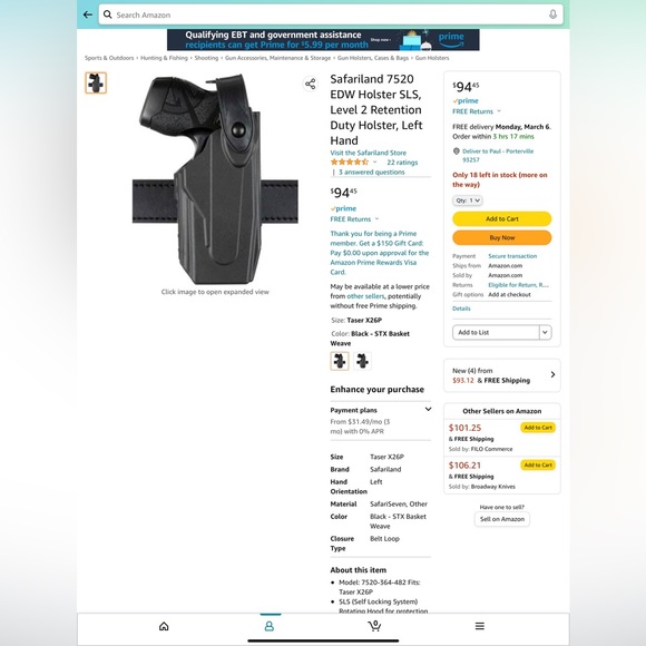 Safariland 7520 EDW Holster SLS, Level 2 Retention Duty Holster for Taser X26P - Picture 9 of 9